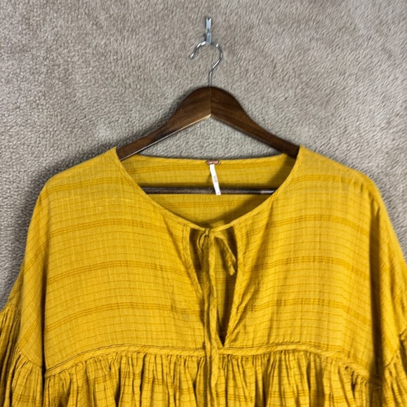 Free People Beaumont Mews Blouse Top Size Small Gold Stripe Balloon Sleeve Boho - Picture 4 of 11
